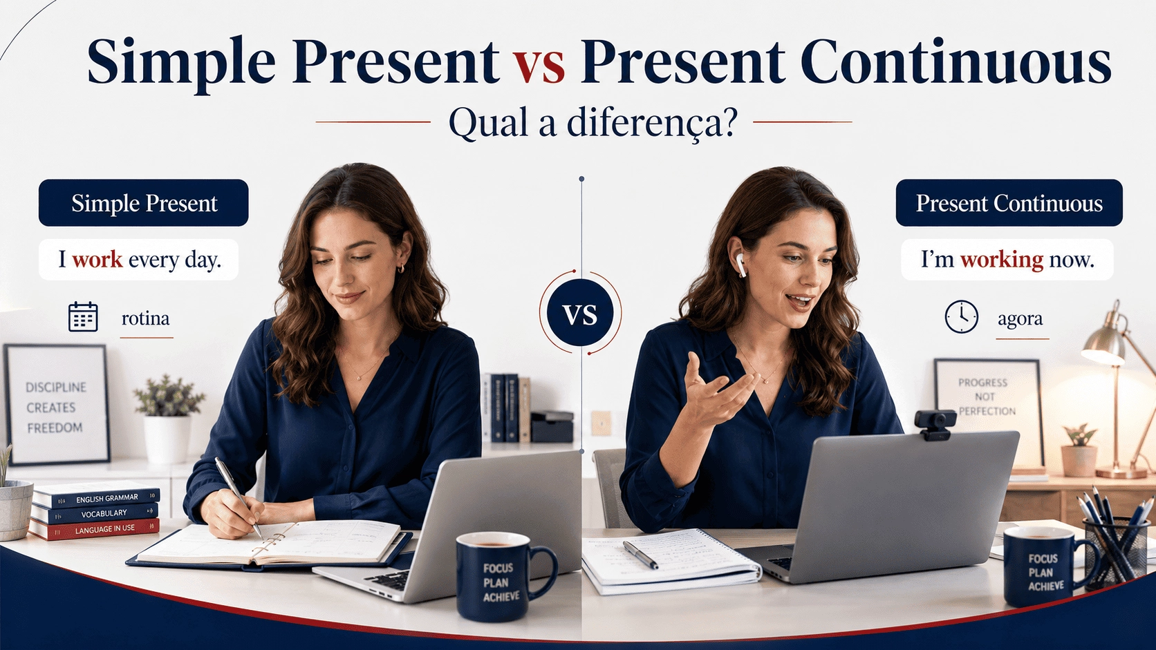 Muitos alunos aprendem o Simple Present e o Present Continuous separadamente, mas ainda ficam em d&uacute;vida na hora de escolher qual usar.

A diferen&ccedil;a principal est&aacute; na ideia da frase.

Use Simple Present para falar sobre rotinas, h&aacute;bitos, fatos e situa&ccedil;&otilde;es permanentes.

Use Present Continuous para falar sobre a&ccedil;&otilde;es acontecendo agora ou situa&ccedil;&otilde;es tempor&aacute;rias.

Compare:

I work from home.
Eu trabalho de casa.

I&rsquo;m working from home today.
Eu estou trabalhando de casa hoje.

Na primeira frase, falamos de uma rotina ou situa&ccedil;&atilde;o geral.
Na segunda, falamos de algo tempor&aacute;rio, acontecendo hoje.

1. Quando usar Simple Present

Use o Simple Present para falar sobre coisas que acontecem com frequ&ecirc;ncia, rotinas, h&aacute;bitos, fatos gerais e situa&ccedil;&otilde;es mais permanentes.

Exemplos:

I study English twice a week.
Eu estudo ingl&ecirc;s duas vezes por semana.

She works in an office.
Ela trabalha em um escrit&oacute;rio.

They live in Brazil.
Eles moram no Brasil.

Water boils at 100&deg;C.
A &aacute;gua ferve a 100&deg;C.

2. Palavras comuns com Simple Present

O Simple Present aparece muito com palavras de frequ&ecirc;ncia.

Exemplos:

always
sempre

usually
geralmente

often
frequentemente

sometimes
&agrave;s vezes

rarely
raramente

never
nunca

Frases:

I usually wake up early.
Eu geralmente acordo cedo.

She never drinks coffee at night.
Ela nunca toma caf&eacute; &agrave; noite.

They sometimes go to the gym after work.
Eles &agrave;s vezes v&atilde;o &agrave; academia depois do trabalho.

3. Estrutura do Simple Present

Com I, you, we, they, usamos o verbo na forma base.

I work.
You study.
We live here.
They speak English.

Com he, she, it, geralmente acrescentamos s ao verbo.

He works.
She studies.
It looks good.

Aten&ccedil;&atilde;o:

She work every day.

Essa frase est&aacute; incorreta.

O correto &eacute;:

She works every day.

4. Quando usar Present Continuous

Use o Present Continuous para falar sobre a&ccedil;&otilde;es que est&atilde;o acontecendo agora ou situa&ccedil;&otilde;es tempor&aacute;rias.

Exemplos:

I&rsquo;m studying now.
Eu estou estudando agora.

She&rsquo;s talking to her teacher.
Ela est&aacute; falando com a professora dela.

They&rsquo;re watching a movie.
Eles est&atilde;o assistindo a um filme.

We&rsquo;re working on a new project this week.
Estamos trabalhando em um novo projeto esta semana.

5. Palavras comuns com Present Continuous

O Present Continuous aparece muito com express&otilde;es de tempo como:

now
agora

right now
agora mesmo

at the moment
no momento

today
hoje

this week
esta semana

these days
ultimamente, atualmente

Frases:

I&rsquo;m working right now.
Estou trabalhando agora mesmo.

She&rsquo;s studying for a test this week.
Ela est&aacute; estudando para uma prova esta semana.

They&rsquo;re staying with friends at the moment.
Eles est&atilde;o ficando na casa de amigos no momento.

6. Estrutura do Present Continuous

A estrutura &eacute;:

Pessoa + verbo to be + verbo com -ing


	
		
			Pessoa
			To be
			Verbo com -ing
		
	
	
		
			I
			am
			working
		
		
			She
			is
			studying
		
		
			They
			are
			watching
		
	


Exemplos:

I am working.
She is studying.
They are watching TV.

Na fala e na escrita informal, usamos muito as contra&ccedil;&otilde;es:

I&rsquo;m working.
She&rsquo;s studying.
They&rsquo;re watching TV.

7. Compare a diferen&ccedil;a


	
		
			Simple Present
			Present Continuous
		
	
	
		
			I work every day.
			I&rsquo;m working now.
		
		
			She studies English twice a week.
			She&rsquo;s studying English right now.
		
		
			They live in Brazil.
			They&rsquo;re living in Canada this year.
		
		
			He usually drives to work.
			He&rsquo;s driving to work today.
		
	


Observe esta diferen&ccedil;a:

They live in Brazil.
Eles moram no Brasil.
Situa&ccedil;&atilde;o mais permanente.

They&rsquo;re living in Canada this year.
Eles est&atilde;o morando no Canad&aacute; este ano.
Situa&ccedil;&atilde;o tempor&aacute;ria.

8. Erros comuns

Erro 1

I am work now.

Correto:

I am working now.

No Present Continuous, usamos o verbo com -ing.

Erro 2

She study every day.

Correto:

She studies every day.

No Simple Present, com he, she, it, o verbo geralmente recebe s.

Erro 3

I studying English.

Correto:

I am studying English.

No Present Continuous, precisamos do verbo to be.

Erro 4

She is liking coffee.

Melhor:

She likes coffee.

Alguns verbos s&atilde;o mais usados no Simple Present, porque falam de estado, opini&atilde;o, sentimento ou prefer&ecirc;ncia. &Eacute; o caso de verbos como like, love, hate, know, want, need e understand.

9. Dica pr&aacute;tica

Pense assim:

Use Simple Present para responder:

O que a pessoa faz normalmente?

Use Present Continuous para responder:

O que est&aacute; acontecendo agora ou temporariamente?

Compare:

What do you do?
O que voc&ecirc; faz?
Pergunta sobre trabalho, rotina ou ocupa&ccedil;&atilde;o.

What are you doing?
O que voc&ecirc; est&aacute; fazendo?
Pergunta sobre o que est&aacute; acontecendo agora.

10. Mini exerc&iacute;cio

Escolha a melhor op&ccedil;&atilde;o.


	
	I usually ______ coffee in the morning.
	a) drink
	b) am drinking
	
	
	She ______ English right now.
	a) studies
	b) is studying
	
	
	They ______ in Porto Alegre.
	a) live
	b) are living
	
	
	We ______ dinner at the moment.
	a) have
	b) are having
	
	
	He ______ to work every day.
	a) drives
	b) is driving
	
	
	I ______ a book this week.
	a) read
	b) am reading
	
	
	She ______ pizza.
	a) likes
	b) is liking
	
	
	They ______ TV right now.
	a) watch
	b) are watching
	


Respostas


	
	a) drink
	
	
	b) is studying
	
	
	a) live
	
	
	b) are having
	
	
	a) drives
	
	
	b) am reading
	
	
	a) likes
	
	
	b) are watching
	


Resumo final

Use Simple Present para falar sobre rotinas, h&aacute;bitos, fatos e situa&ccedil;&otilde;es mais permanentes.

I work every day.
She studies English.
They live in Brazil.

Use Present Continuous para falar sobre a&ccedil;&otilde;es acontecendo agora ou situa&ccedil;&otilde;es tempor&aacute;rias.

I&rsquo;m working now.
She&rsquo;s studying this week.
They&rsquo;re living in Canada this year.

A pergunta principal &eacute;:

&Eacute; rotina ou est&aacute; acontecendo agora?

Quando voc&ecirc; identifica essa diferen&ccedil;a, fica muito mais f&aacute;cil escolher entre Simple Present e Present Continuous.

Quer aprender ingl&ecirc;s com mais clareza?

Se voc&ecirc; gosta de explica&ccedil;&otilde;es pr&aacute;ticas, exemplos reais e acompanhamento individual, conhe&ccedil;a os cursos dispon&iacute;veis e veja qual formato combina melhor com o seu momento.
